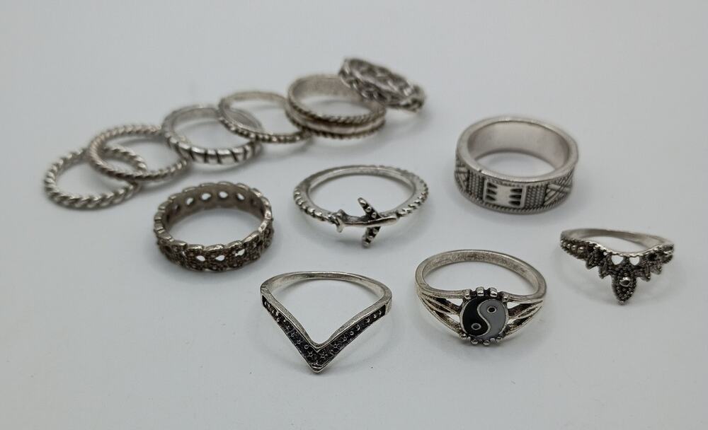 12-Piece Silver-Tone Ring Lot – Various Sizes